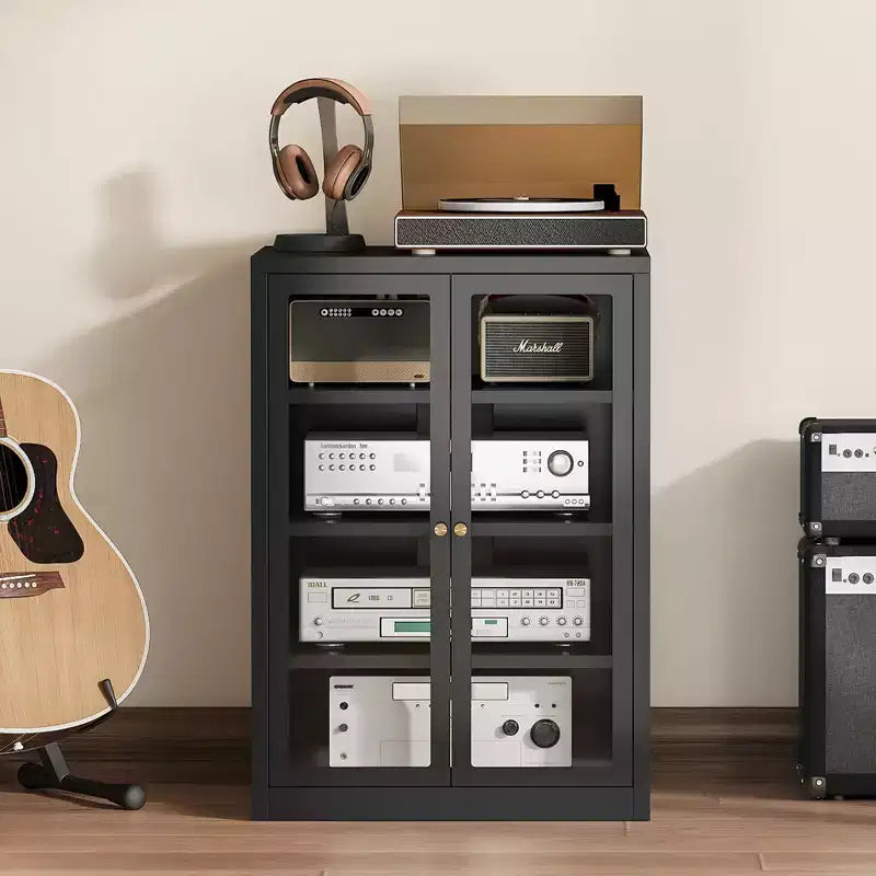 Meuble média en métal, meuble stéréo à 4 niveaux avec portes en verre et étagères réglables, rack audio-vidéo avec gestion des câbles
