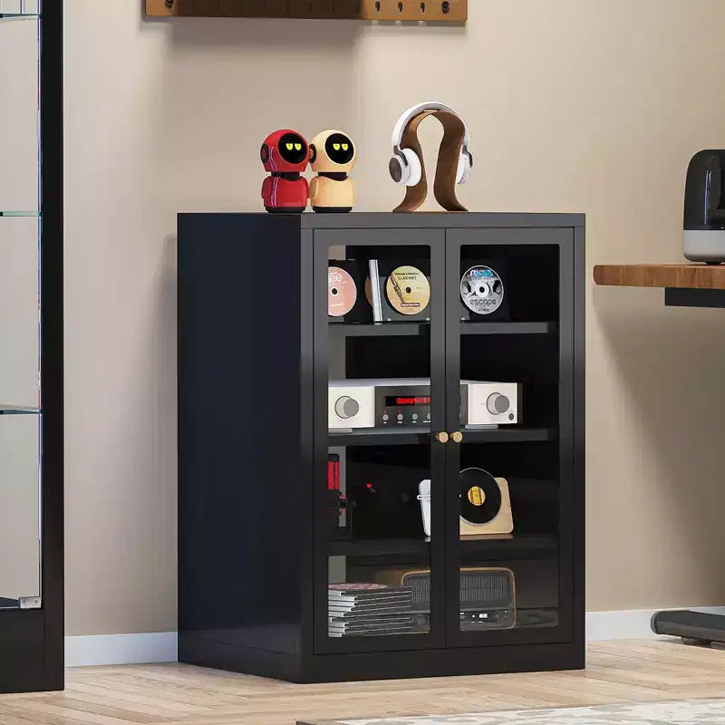 Meuble média en métal, meuble stéréo à 4 niveaux avec portes en verre et étagères réglables, rack audio-vidéo avec gestion des câbles