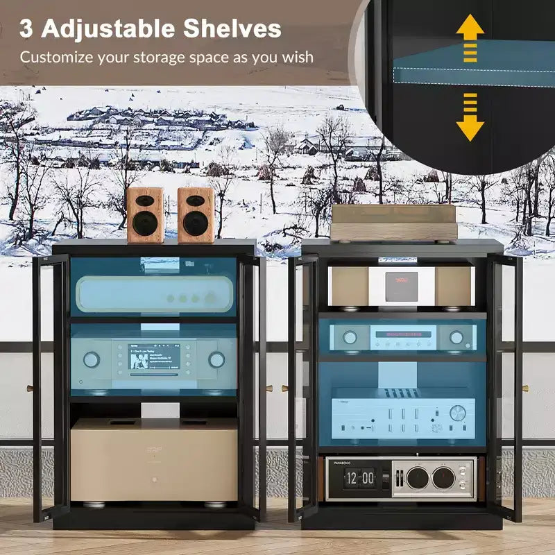 Meuble média en métal, meuble stéréo à 4 niveaux avec portes en verre et étagères réglables, rack audio-vidéo avec gestion des câbles