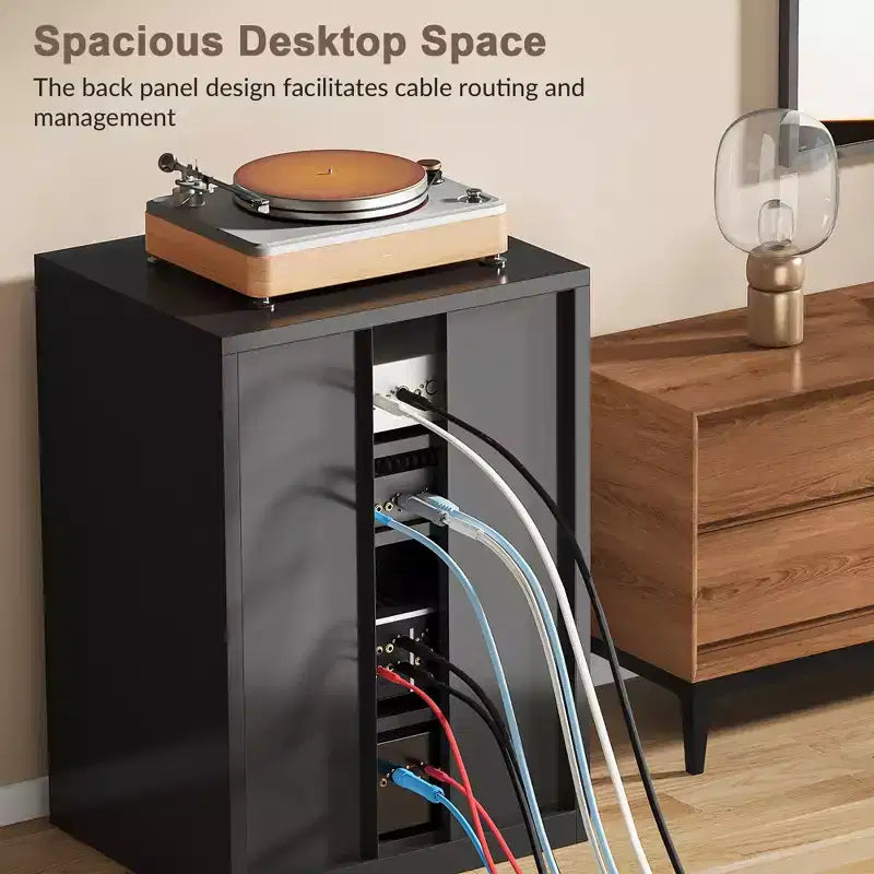 Meuble média en métal, meuble stéréo à 4 niveaux avec portes en verre et étagères réglables, rack audio-vidéo avec gestion des câbles