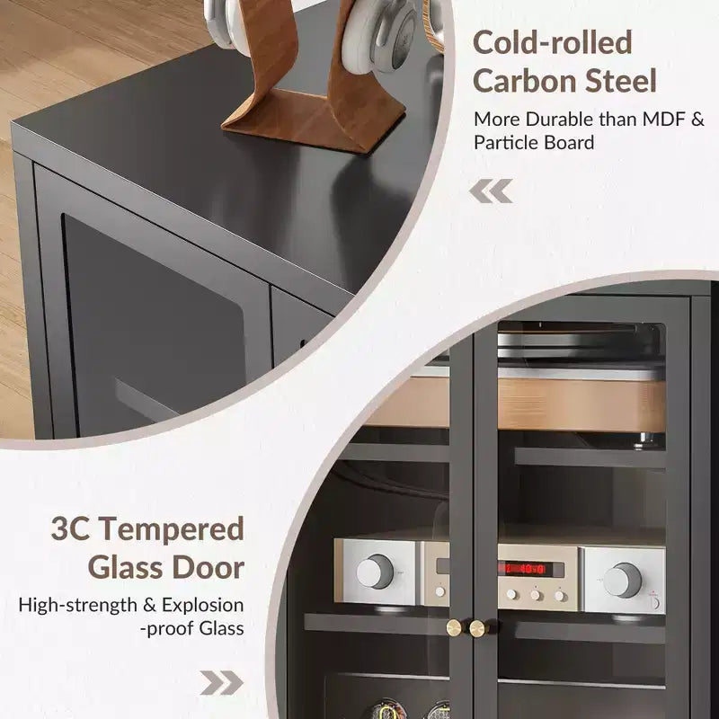 Meuble média en métal, meuble stéréo à 4 niveaux avec portes en verre et étagères réglables, rack audio-vidéo avec gestion des câbles