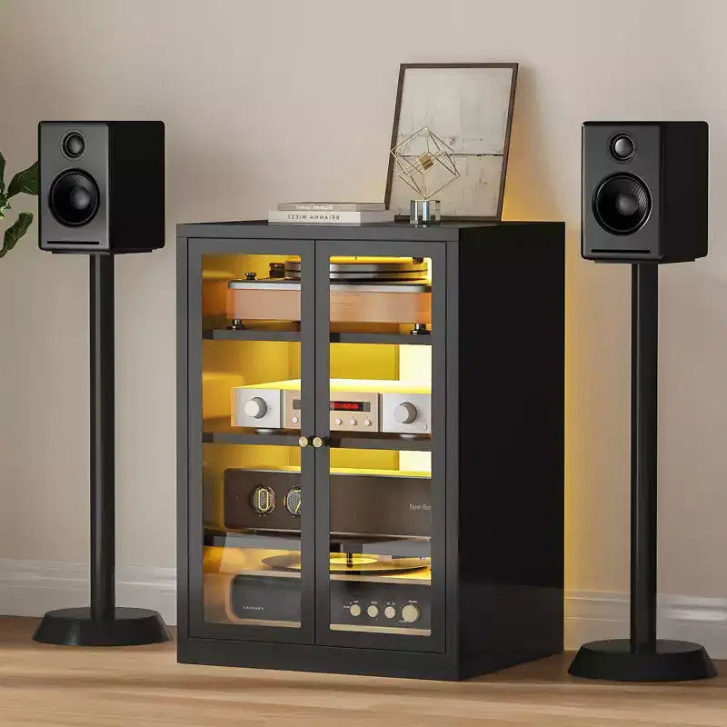 Meuble média en métal, meuble stéréo à 4 niveaux avec portes en verre et étagères réglables, rack audio-vidéo avec gestion des câbles