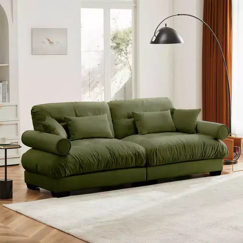 Canapé moderne deux places avec accoudoirs rembourrés, coussins de soutien lombaire et coussins décoratifs pour salon, couloir, chambre, vert olive