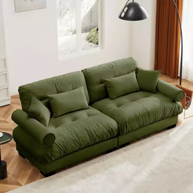 Canapé moderne deux places avec accoudoirs rembourrés, coussins de soutien lombaire et coussins décoratifs pour salon, couloir, chambre, vert olive