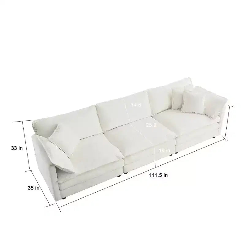 Canapé trois places Mid Century Modern avec 2 oreillers accoudoirs et 3 coussins décoratifs pour salon blanc