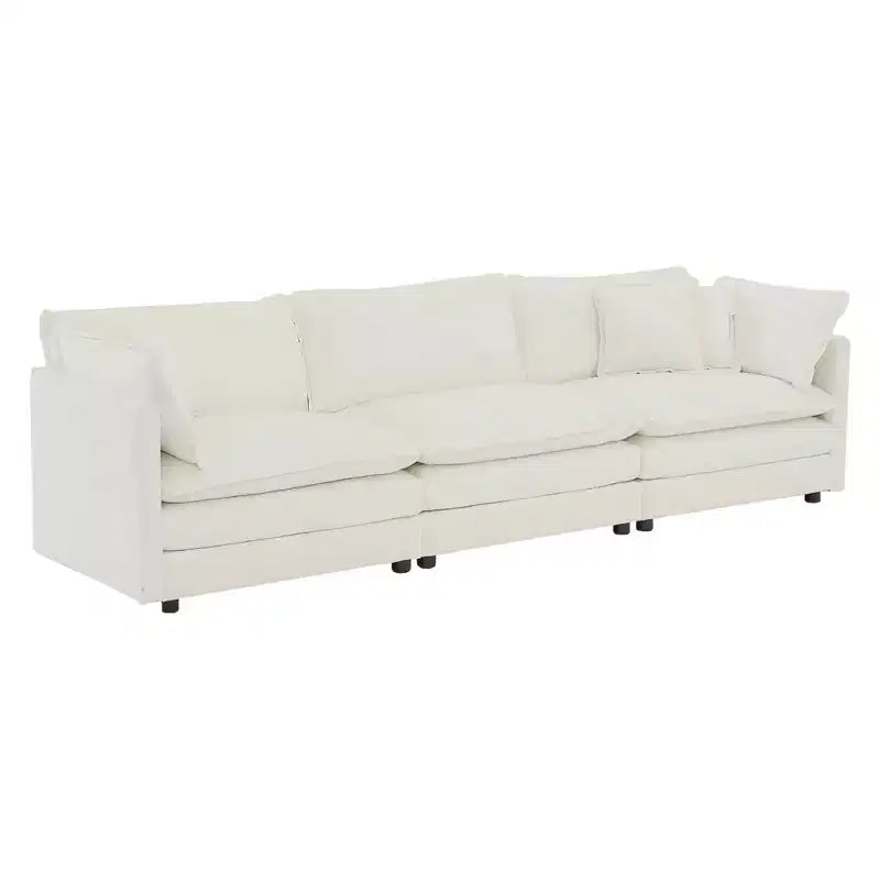 Canapé trois places Mid Century Modern avec 2 oreillers accoudoirs et 3 coussins décoratifs pour salon blanc