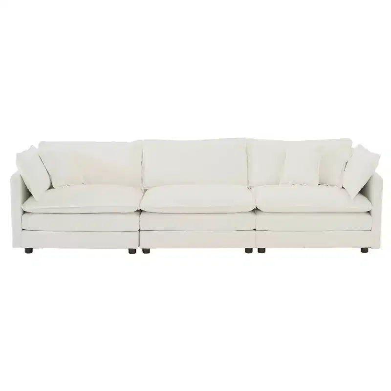 Canapé trois places Mid Century Modern avec 2 oreillers accoudoirs et 3 coussins décoratifs pour salon blanc