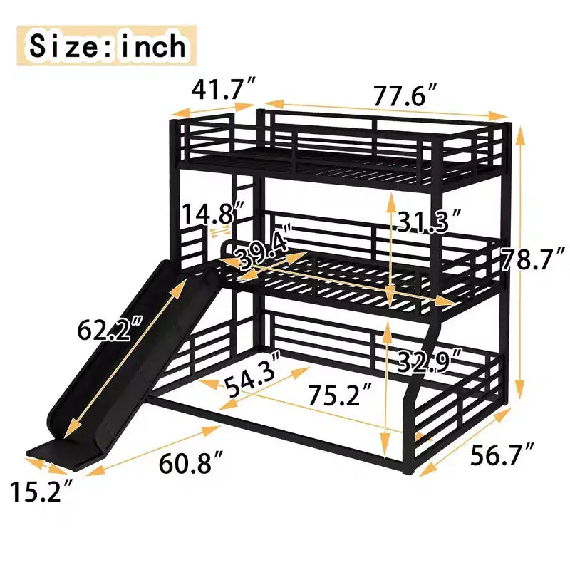 Lit superposé métallique à trois niveaux avec rails coulissants, barrières de sécurité, robuste et durable, conception antibruit, noir.