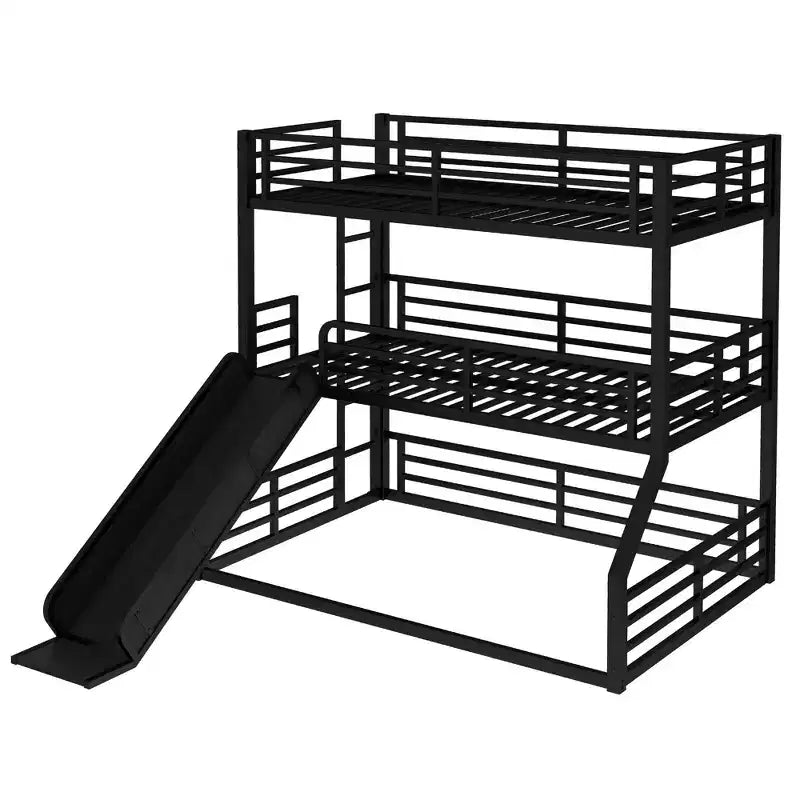Lit superposé métallique à trois niveaux avec rails coulissants, barrières de sécurité, robuste et durable, conception antibruit, noir.