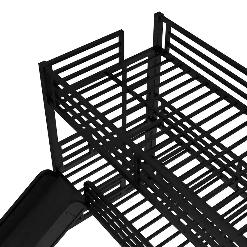 Lit superposé métallique à trois niveaux avec rails coulissants, barrières de sécurité, robuste et durable, conception antibruit, noir.