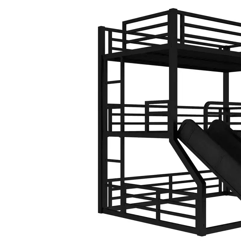 Lit superposé métallique à trois niveaux avec rails coulissants, barrières de sécurité, robuste et durable, conception antibruit, noir.