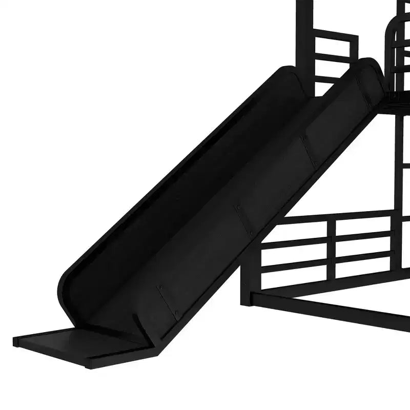 Lit superposé métallique à trois niveaux avec rails coulissants, barrières de sécurité, robuste et durable, conception antibruit, noir.