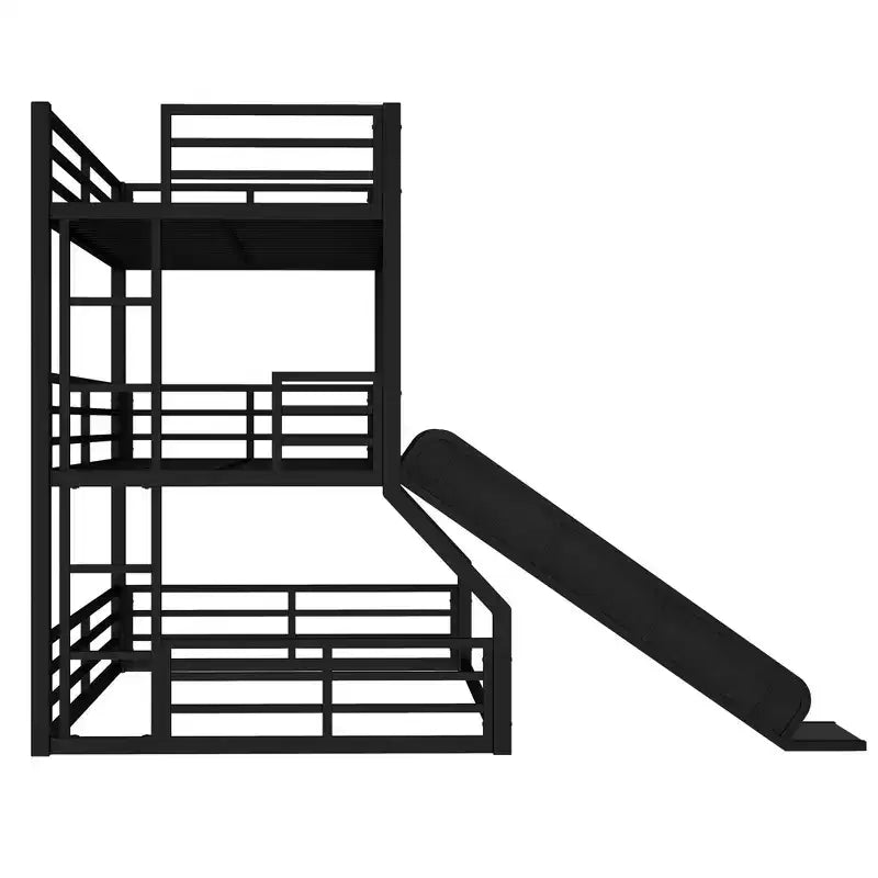 Lit superposé métallique à trois niveaux avec rails coulissants, barrières de sécurité, robuste et durable, conception antibruit, noir.