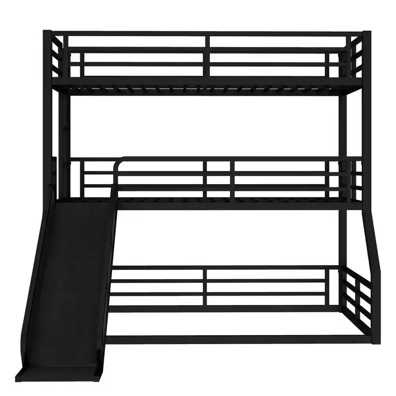 Lit superposé métallique à trois niveaux avec rails coulissants, barrières de sécurité, robuste et durable, conception antibruit, noir.