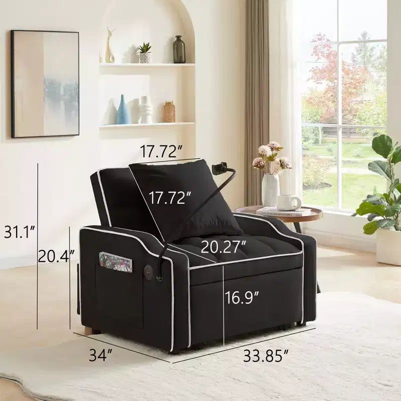 Fauteuil de Canapé Convertible 3-en-1, Lit Fauteuil avec Dossier Réglable, Support Téléphone, USB et Type-C