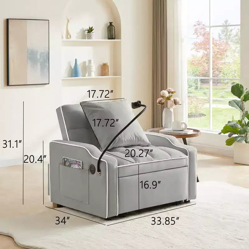 Fauteuil de Canapé Convertible 3-en-1, Lit Fauteuil avec Dossier Réglable, Support Téléphone, USB et Type-C