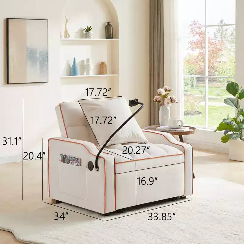 Fauteuil de Canapé Convertible 3-en-1, Lit Fauteuil avec Dossier Réglable, Support Téléphone, USB et Type-C