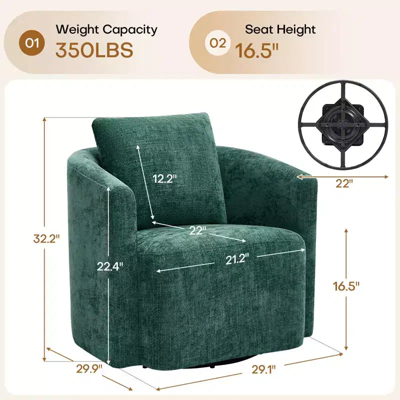 Fauteuil d'appoint pivotant entièrement assemblé, fauteuil crapaud rembourré en chenille avec oreiller, fauteuil simple et confortable pour la lecture dans le salon