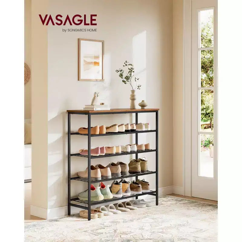 Étagère à chaussures, Range-chaussures pour placard, Organiseur autoportant en métal, 5 niveaux, pour 18 à 24 paires, Marron rustique et Noir encre