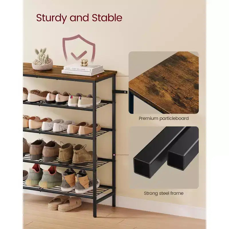Étagère à chaussures, Range-chaussures pour placard, Organiseur autoportant en métal, 5 niveaux, pour 18 à 24 paires, Marron rustique et Noir encre