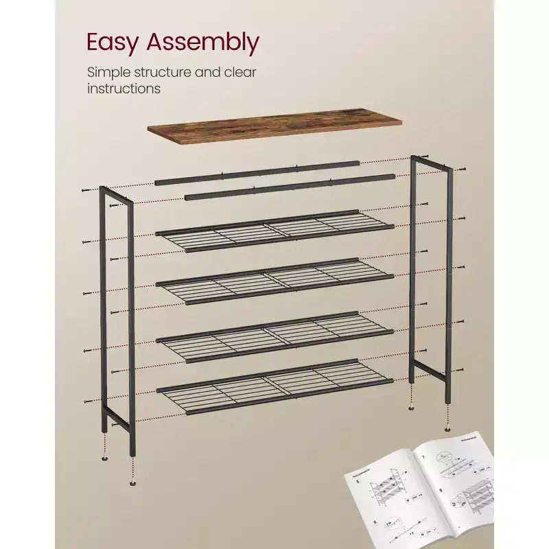 Étagère à chaussures, Range-chaussures pour placard, Organiseur autoportant en métal, 5 niveaux, pour 18 à 24 paires, Marron rustique et Noir encre