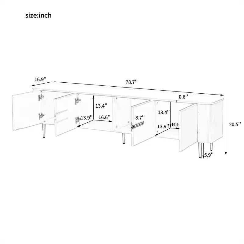 Meuble TV minimaliste de 78,7'' pour téléviseurs jusqu'à 85 pouces, meuble de divertissement moderne avec 4 armoires spacieuses pour le salon