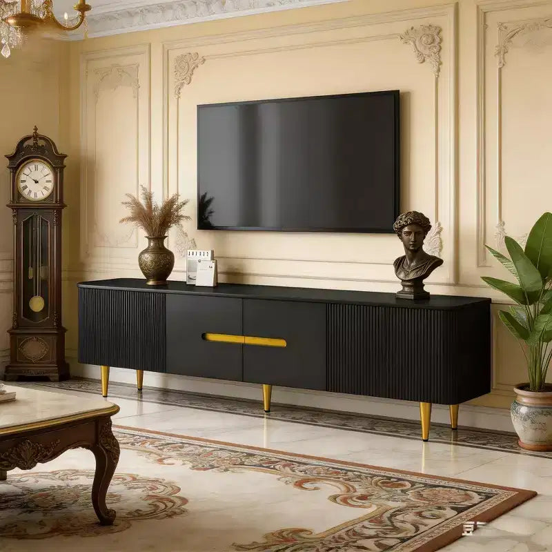 Meuble TV minimaliste de 78,7'' pour téléviseurs jusqu'à 85 pouces, meuble de divertissement moderne avec 4 armoires spacieuses pour le salon