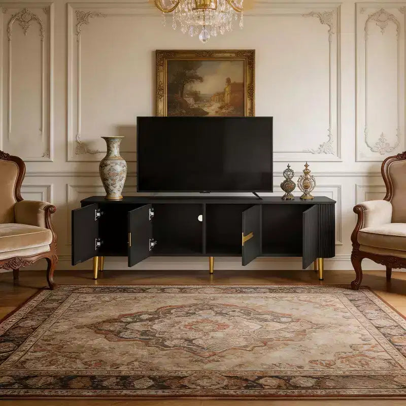 Meuble TV minimaliste de 78,7'' pour téléviseurs jusqu'à 85 pouces, meuble de divertissement moderne avec 4 armoires spacieuses pour le salon
