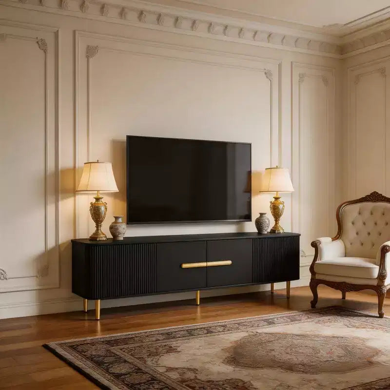 Meuble TV minimaliste de 78,7'' pour téléviseurs jusqu'à 85 pouces, meuble de divertissement moderne avec 4 armoires spacieuses pour le salon